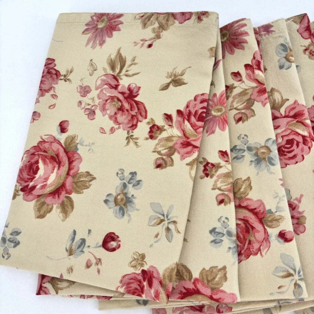Lauren Ralph Lauren Floral Cloth Napkins Set of 7 Pink Rose Cream Shabby Chic